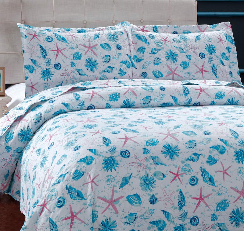 JessyHome King Size Quilts Bedspread Set Beach King Quilt Set Bedding Set Coastal Summer Ocean Quilts Collection Bedding Beach Bedspread Coverlet Reversible Lightweight Bedding Pink Starfish Aqua Home Quilt Set - Image 2